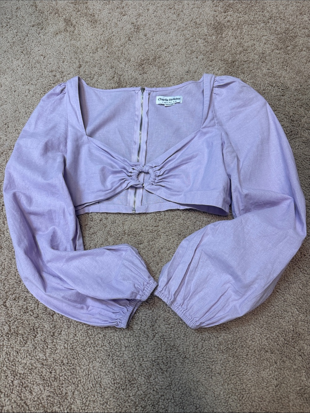 Charlie Holiday Linen Lilac Cropped Puff-Sleeve Top